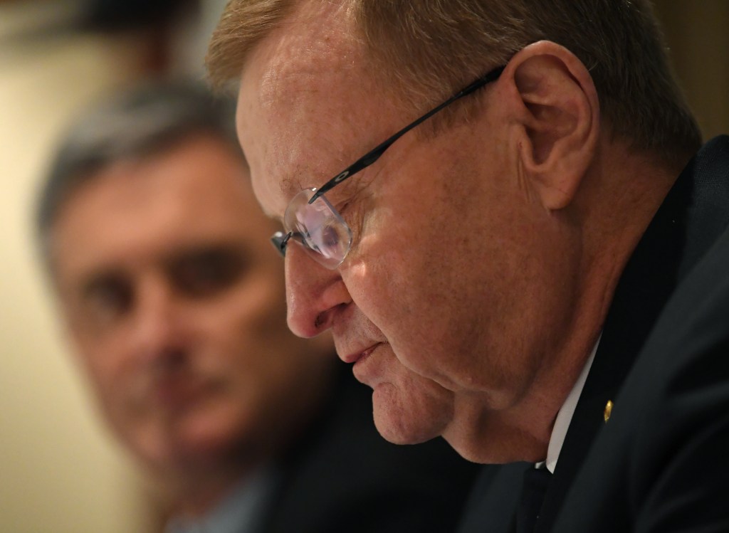 Australian Olympic Committee president John Coates facing the media yesterday. Photo: David Moir / AAP