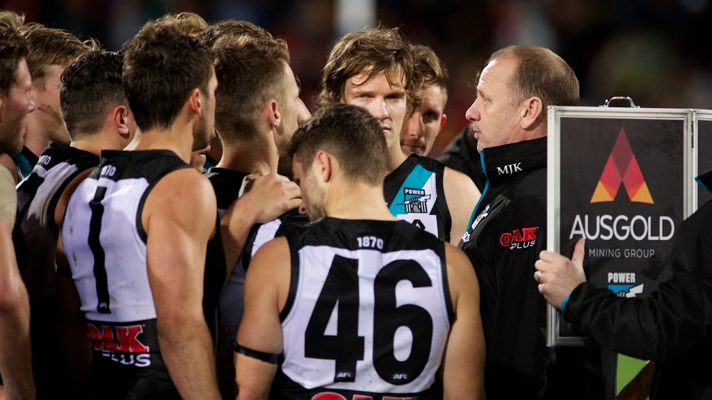 Power coach Ken Hinkley addresses his players during the Showdown loss. Photo: Michael Errey / InDaily