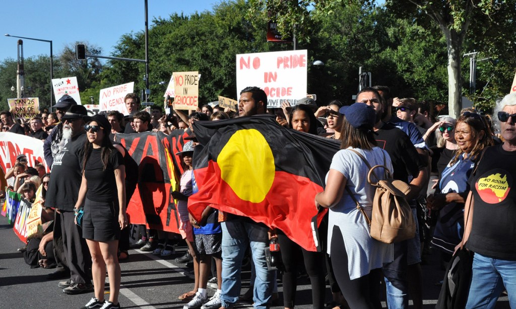 Aboriginal activists marked "invasion day" by blocking this year's Australia Day cultural parade through Adelaide this year. Photo: AAP 