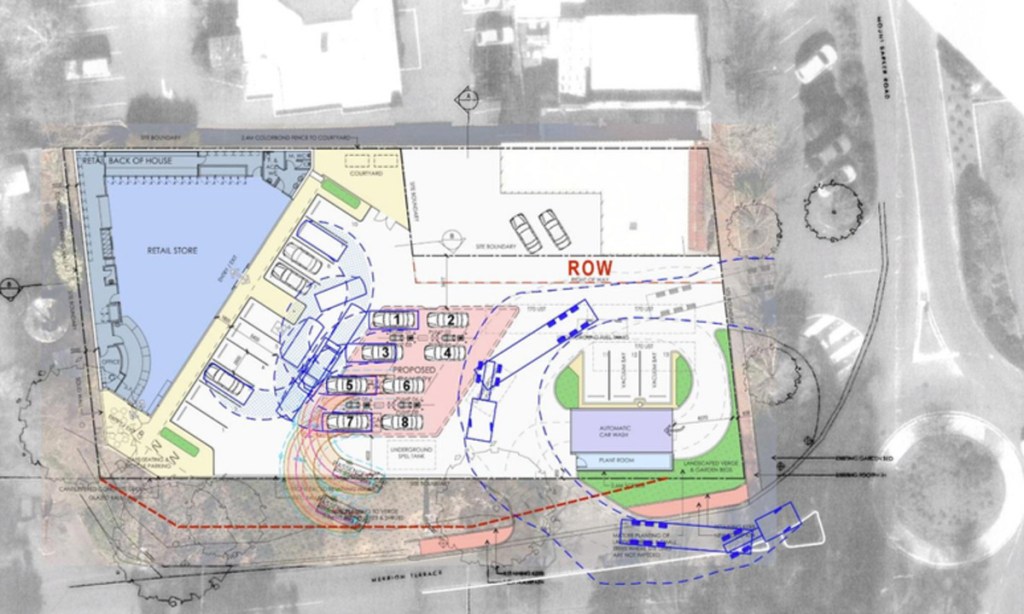 A development plan for the AM/PM petrol station project, showing vehicle movements.