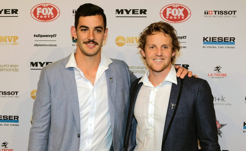 Adelaide Crows captain Taylor Walker and vice-captain Rory Sloane at the AFL Players' Association MVP Awards last night. Photo: Luis Ascui / AAP