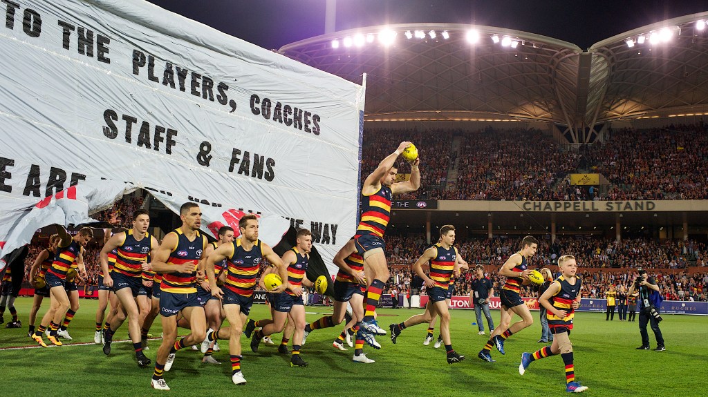 The Adelaide Crows enter Adelaide Oval for Friday's preliminary final. Photo: Michael Errey / InDaily