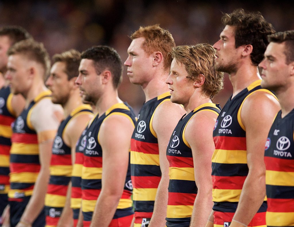 Adelaide players adopt their national anthem stance against Geelong last week. Photo: Michael Errey / InDaily