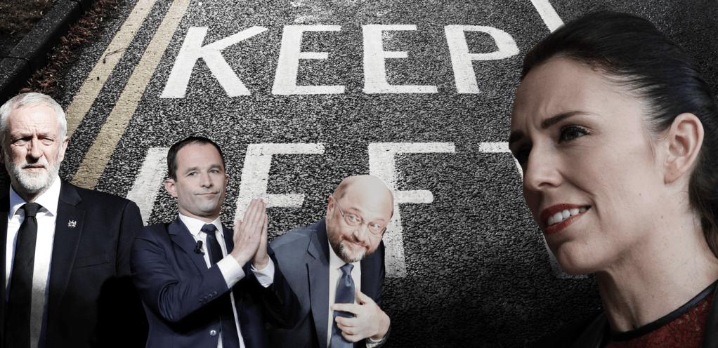 Can the left bounce back? The UK Labour’s Jeremy Corbyn, French Socialist Party’s Benoit Hamon and German socialist party leader Martin Schulz certainly hope so, as does New Zealand Labour’s great hope, Jacinda Ardern. Reuters, Ulysse Bellier/Flickr, Shutterstock