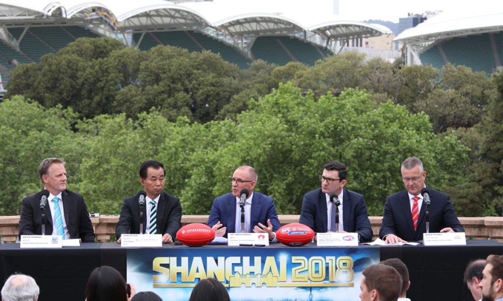 Keith Thomas, Gui Guojie, Jay Weatherill, Travis Auld and Mark Evans address media at Montefiore Hill today. Photo: Tony Lewis / InDaily