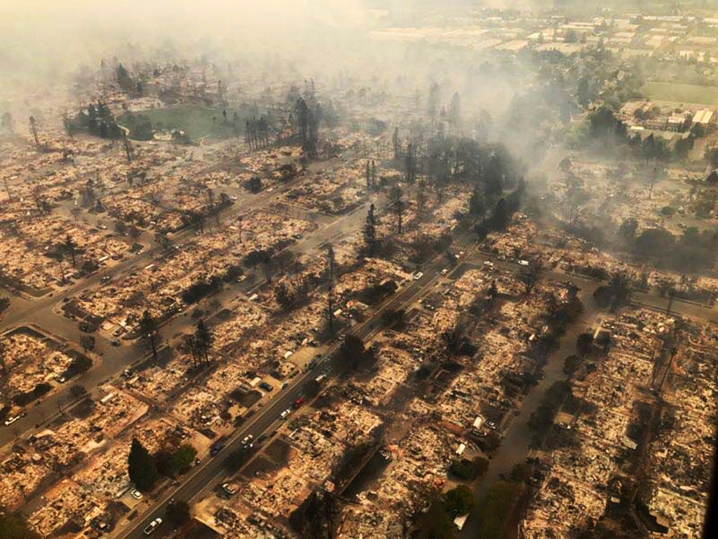 Hundreds of homes were  destroyed in a wind-driven wildfire that swept through Santa Rosa, California. Photo: California Highway Patrol via AP