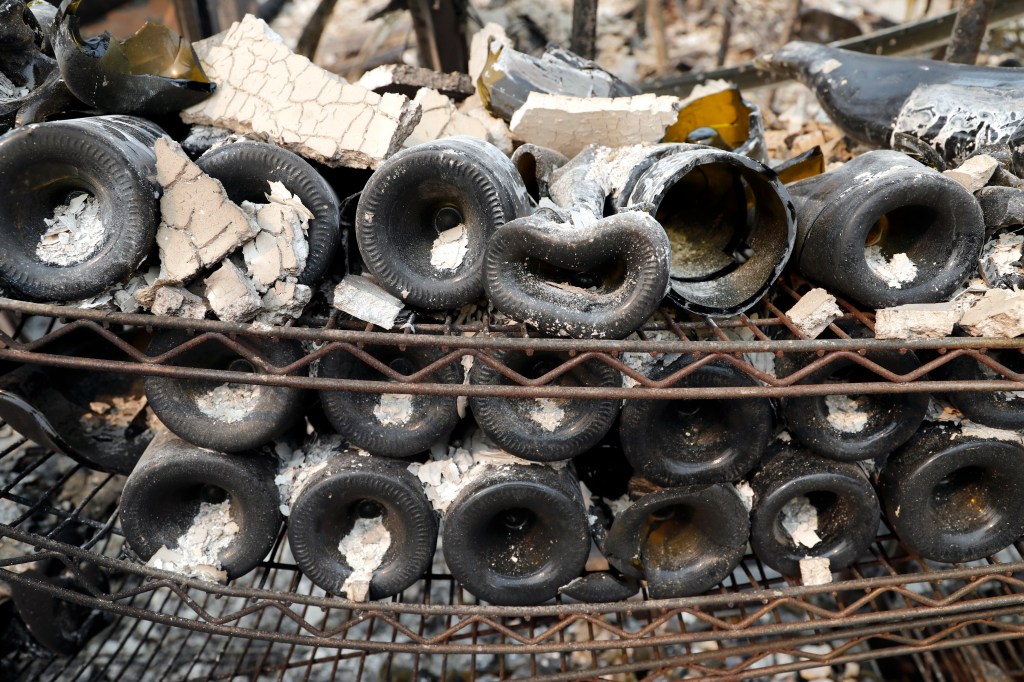 Bottles at the Signorello Estate Winery destroyed by fire in Napa, California. Photo: EPA/John G. Mabanglo