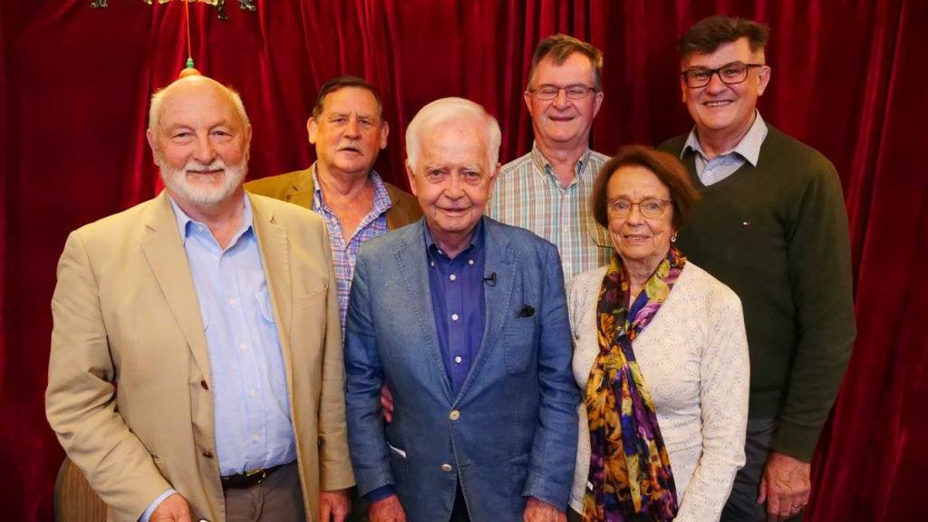 John Cornwall (centre) at the launch of his new book with colleagues including Chris Sumner (far left) and Anne Levy and Lynn Arnold (far right). 