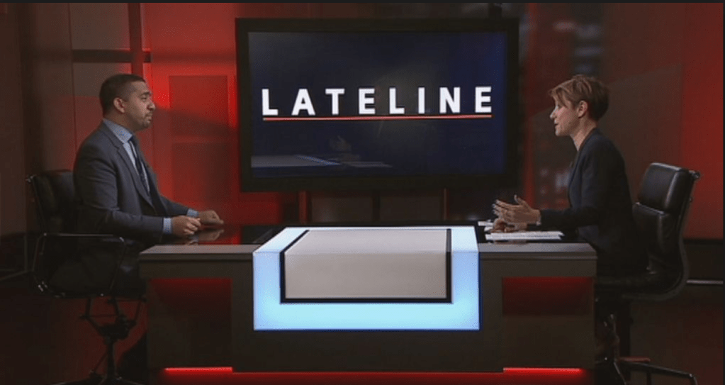 Emma Alberici, the host of Lateline, conducting an interview. Image: abc.net.au