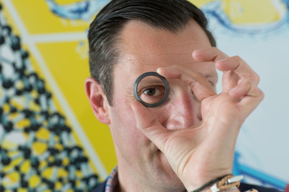 Bausele founder and chief executive Christophe Hoppe with the distinctive component made in SA