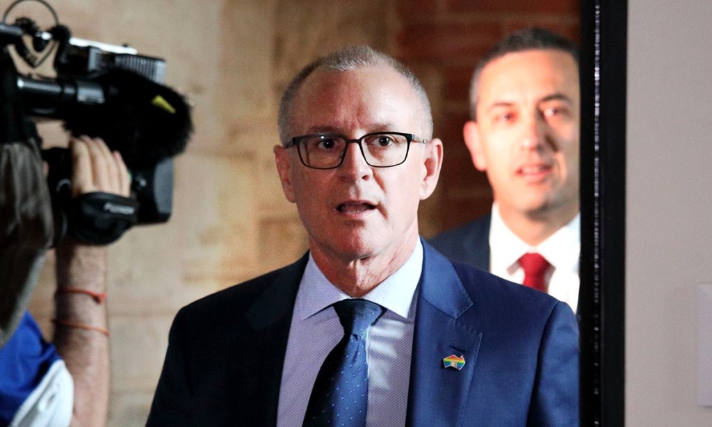 Jay Weatherill and Tom Koutsantonis arrive to address media today. Photo: Tony Lewis / InDaily