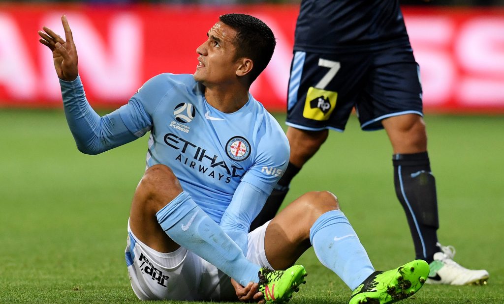 Tim Cahill injured his ankle playing for Melbourne City on Friday - but has since departed for Honduras. Photo: Tracey Nearmy / AAP