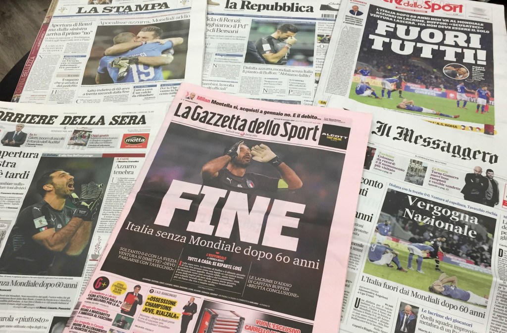 Italian newspapers react to the national team's failure to qualify for the World Cup. Photo: Beatrice Larco / AP
