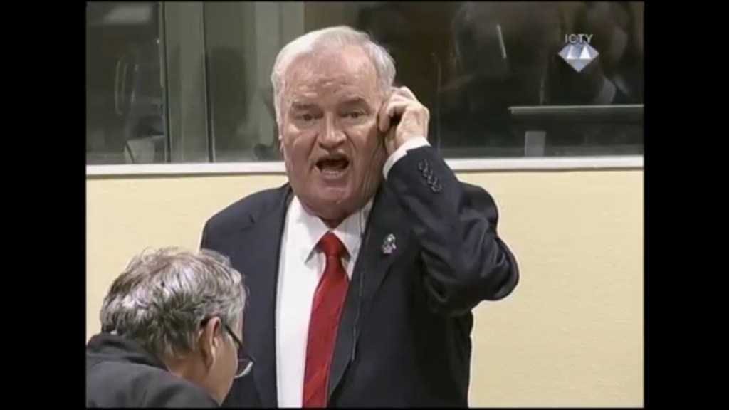 Former Bosnian Serb military chief Ratko Mladic shouts at the presiding judge during the verdict hearing in his genocide trial. Photo: EPA/ICTY TV
