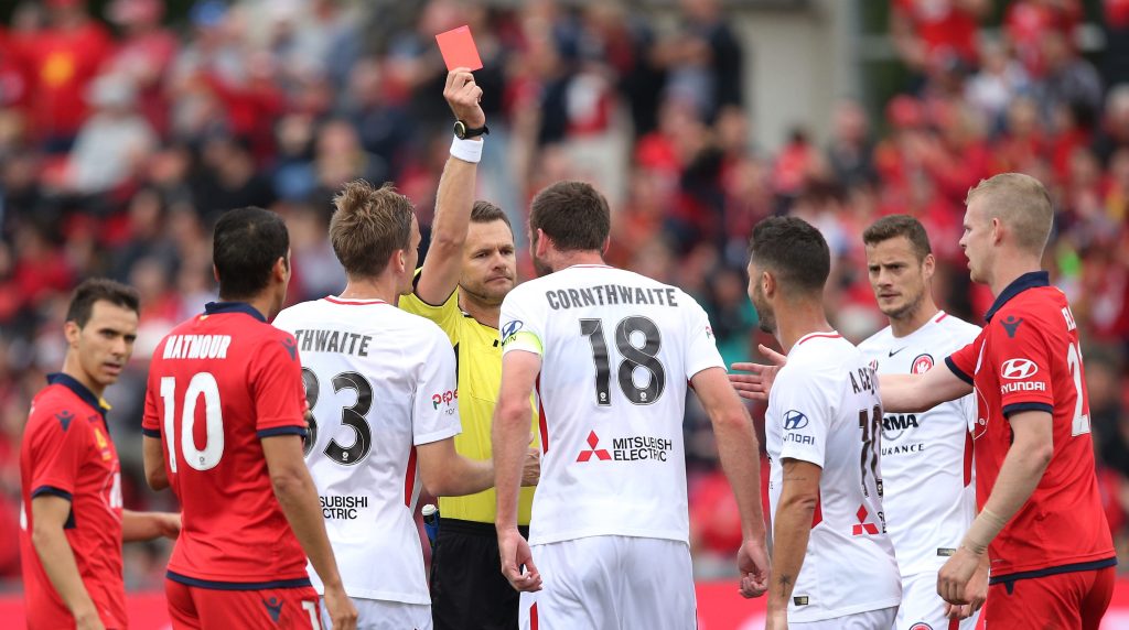 Robbie Cornthwaite of Western Sydney Wanderers is shown a red card during last nights clash. Photo: James Elsby / AAP