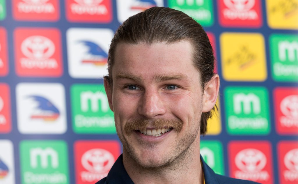 Crows recruit Bryce Gibbs speaks to media today. Photo: Ben Macmahon / AAP