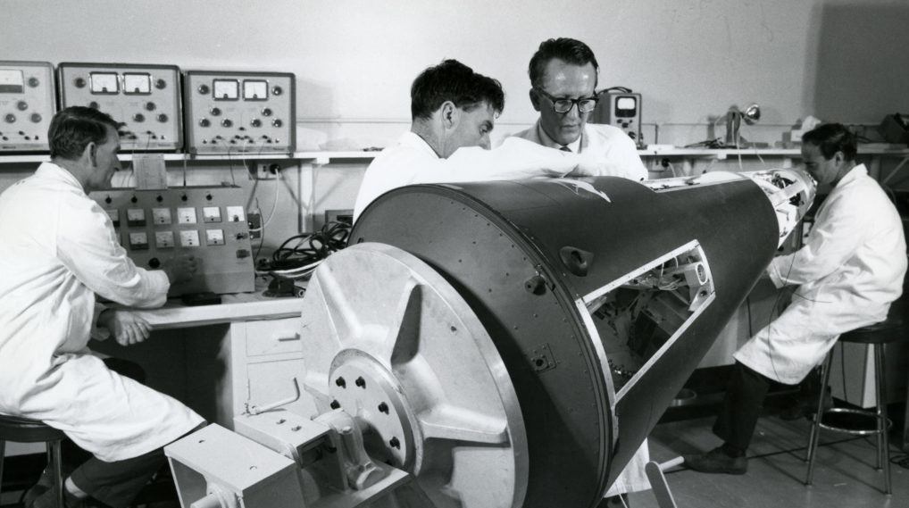 Scientists work on Australia's first satellite, WRESAT, in 1967. 