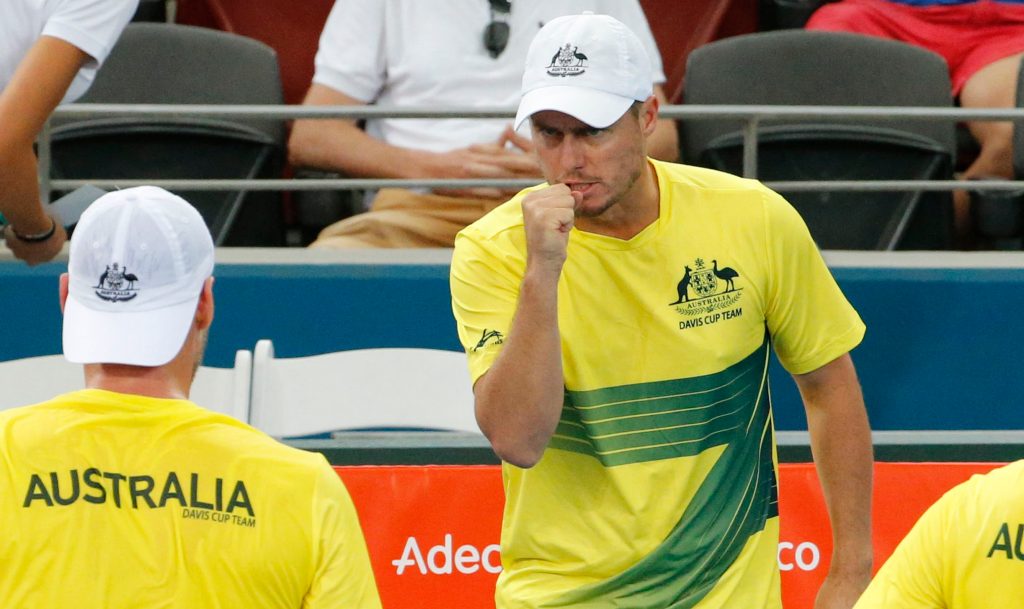 Australian coach Lleyton Hewitt with Sam Groth during the Davis Cup World Group Quarterfinal in April. Photo: Glenn Hunt / AAP