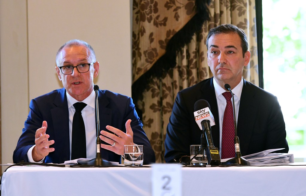Jay Weatherill and Steven Marshall share the stage at a recent event. Photo: Mark Brake / AAP