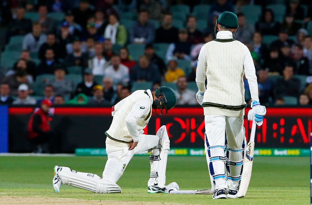 Nathan Lyon goes down after being struck in the last over of day three at the Oval. Photo: Jason O'Brien / PA Wire