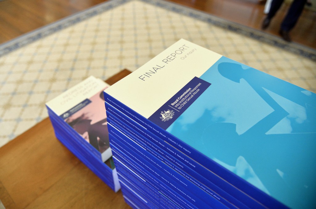 The volumes of the Final Report of the Royal Commission into Institutional Responses to Child Sexual Abuse.  Image supplied by the royal commission