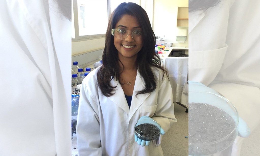 Research Associate Dr Kasturi Vimalanathan with some graphene oxide ore at the Raston Lab at the Centre for NanoScale Science and Technology, Flinders University, Bedford Park.