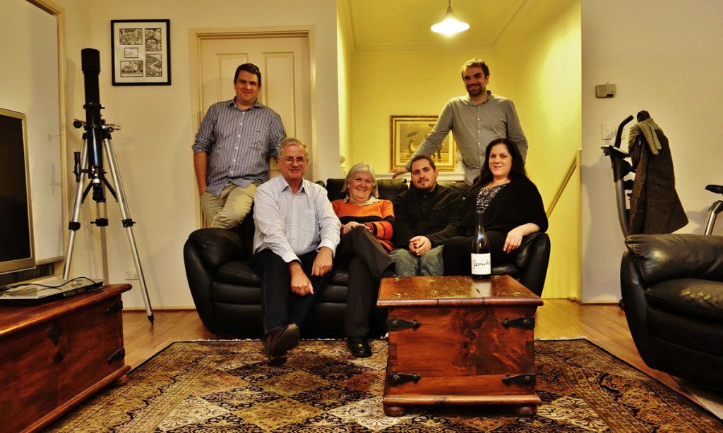 Winemakers: the Jericho family - Andrew (winemaker) and Kim (graphic artist), rear; Neil (winemaker), Kaye (wine den mother), Steve (husband of Sally) and Sally (accountant), seated. Photo: Philip White