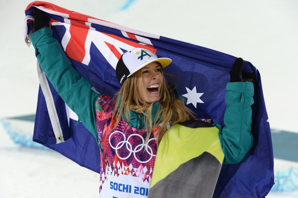 Australia's Torah Bright celebrates winning silver at the 2014 winter games in Sochi. Photo: AAP/Paul Miller