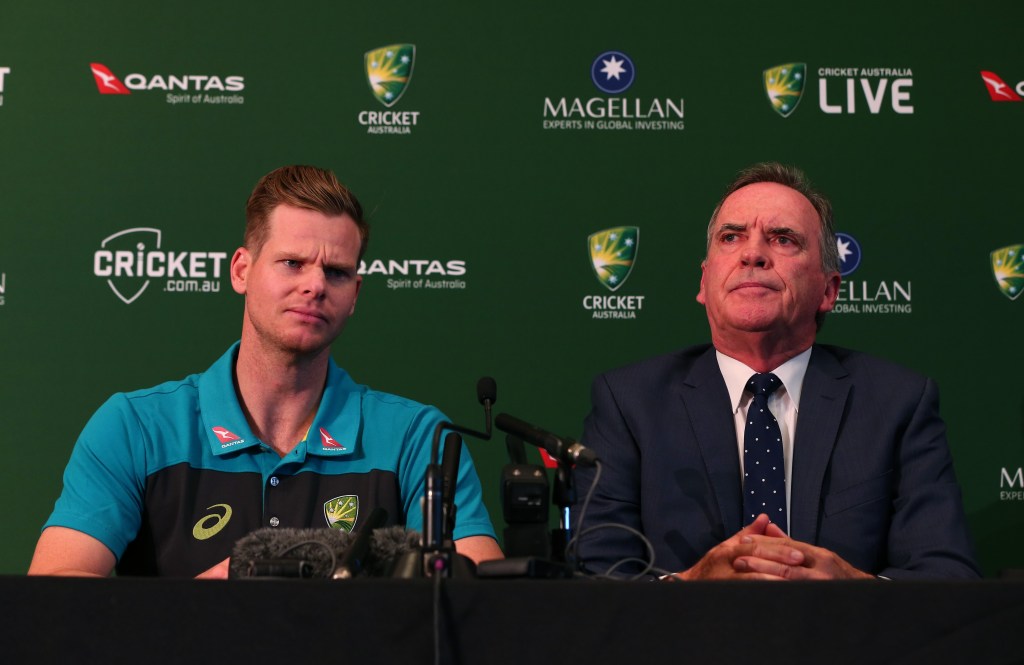 Australian chairman of selectors Trevor Hohns (right) with Test captain Steve Smith. Photo: AAP/David Clark