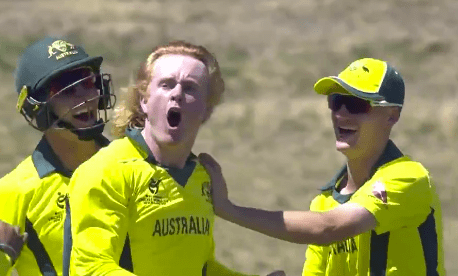 Pope celebrates one of his eight wickets. 