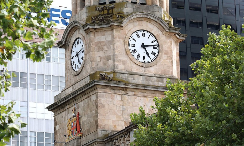 The clock on Albert Tower has been stuck at 13 minutes past five. Photo: Tony Lewis / InDaily
