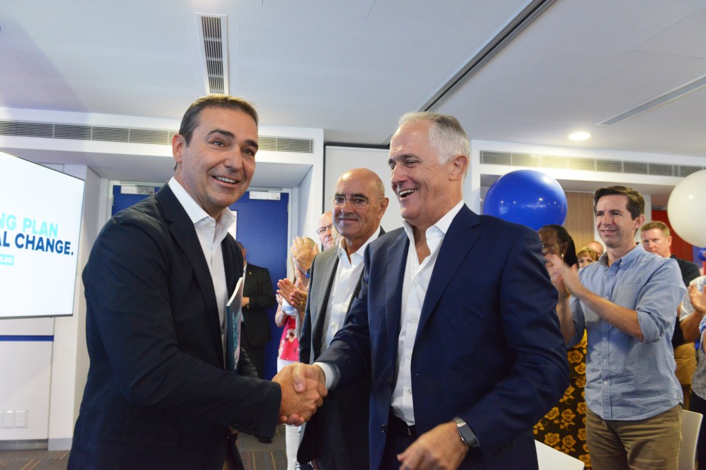 Steven Marshall and Malcolm Turnbull launch the Liberal Party's state election campaign on Sunday, flanked by party president John Olsen and moderate powerbroker Simon Birmingham. Photo: Brenton Edwards / AAP