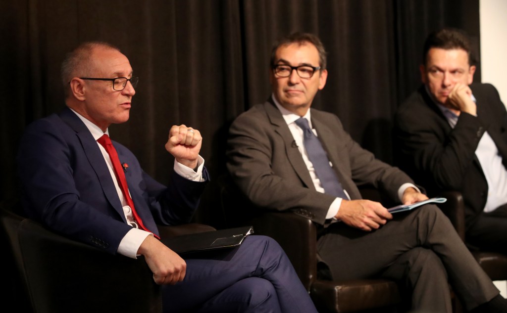 Premier Jay Weatherill, Liberal leader Steven Marshall and SA Best leader Nick Xenophon at the SACOSS debate today. Photo: AAP/Kelly Barnes