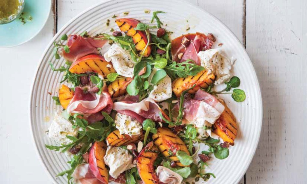 Thumbnail for Char-grilled peach, prosciutto, buffalo mozzarella & basil salad