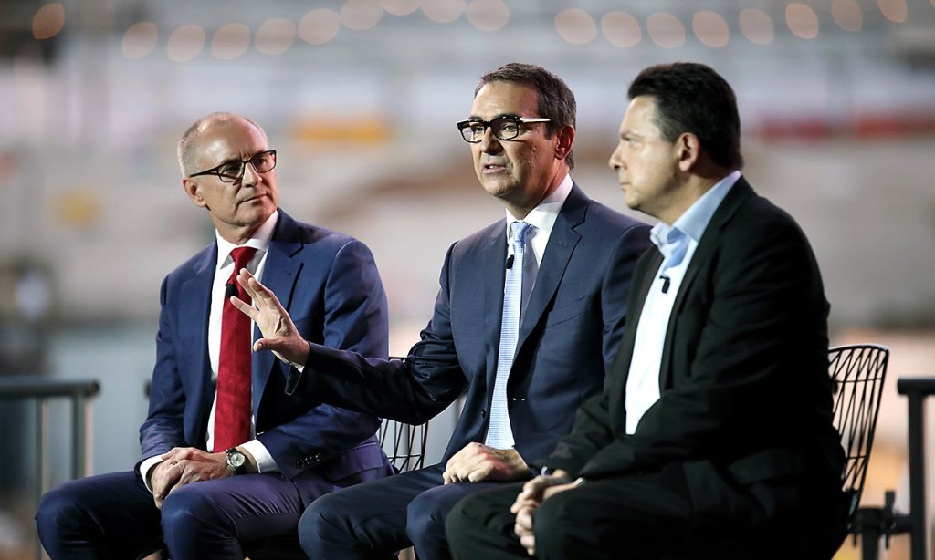 Jay Weatherill, Steven Marshall and Nick Xenophon at an ABC leaders' debate held on the banks of the Torrens. Photo: Tony Lewis/InDaily