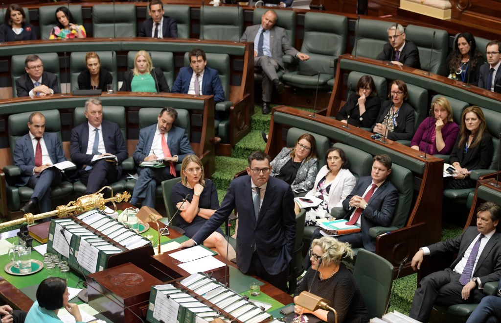 A file image of the Victorian Parliament, with Premier Daniel Andrews on his feet. Photo: AAP/Tracey Nearmy