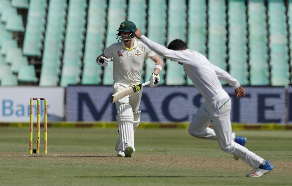 Keshav Maharaj celebrates the dismissal of Australian captain Steve Smith. Photo: AP/Themba Hadebe