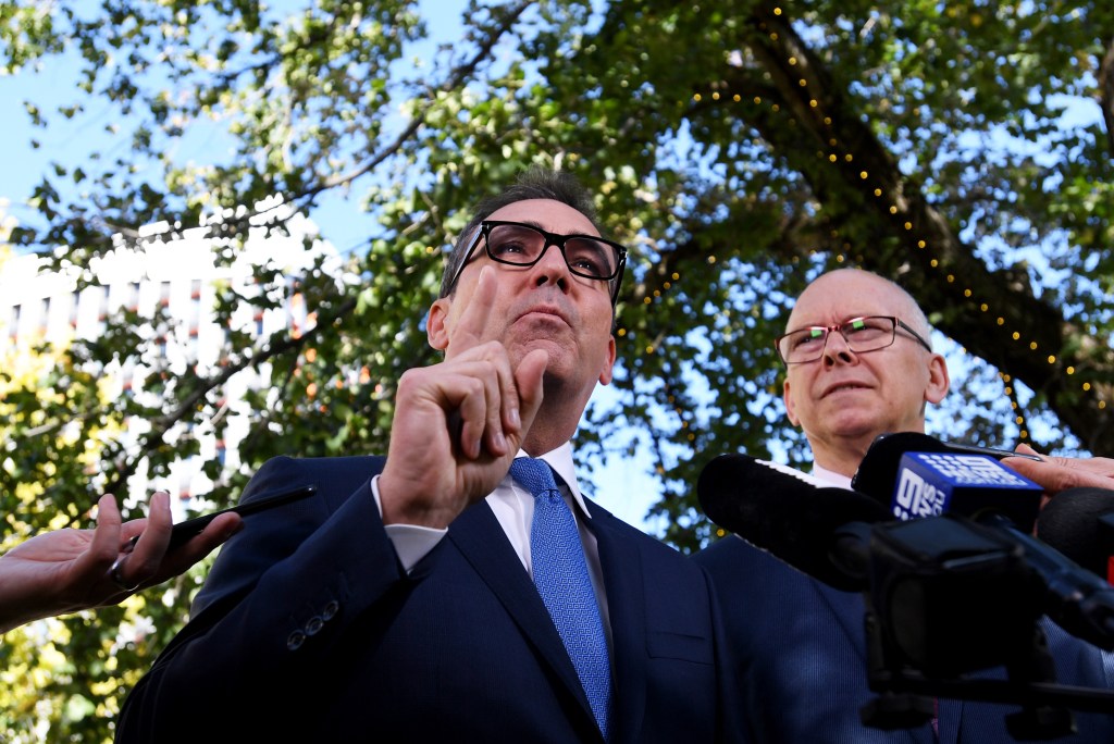David Pisoni (right), pictured with Premier Steven Marshall, will be sworn in as employment minister today. Photo: AAP/Tracey Nearmy