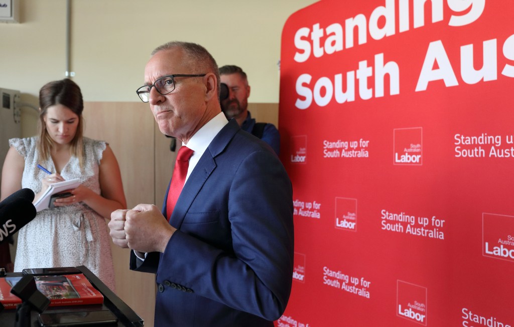 Jay Weatherill at the scene of his confrontation with Josh Frydenberg in a garage at West Beach for the final press conference of the election campaign. Photo: Tony Lewis / InDaily