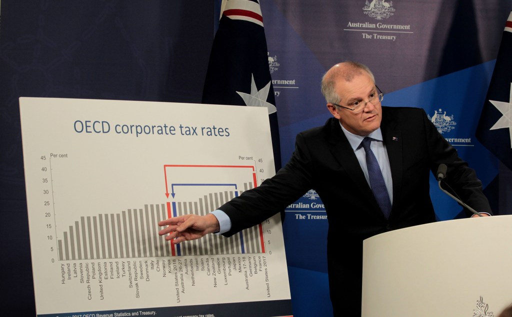Federal Treasurer Scott Morrison during one of the Goverment's many attempts to sell its corporate tax cuts. Photo: AAP/Ben Rushton