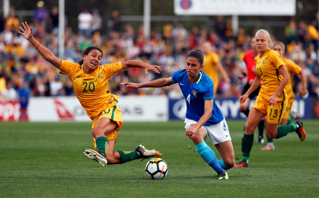 Sam Kerr (left) is part of a powerful new generation of Matildas. Photo: AP/Daniel Munoz