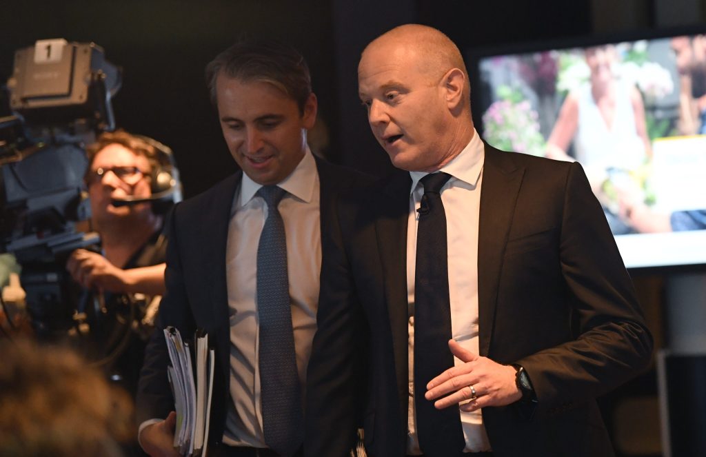 Commonwealth Bank CEO Matt Comyn (centre) with his predecessor Ian Narev. Photo: AAP/David Moir