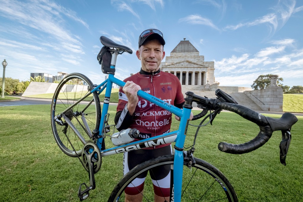 Former prime minister Tony Abbott beginning his annual Pollie Pedal Bike Ride in Melbourne: Photo: Luis Ascui