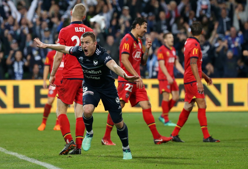 United players are despondent as Besart Berisha celebrates helping Victory to, um, victory. Again. Photo: George Salpigtidis / AAP