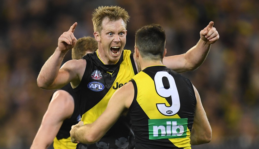 Jack Riewoldt: triggering. Photo: Julian Smith / AAP