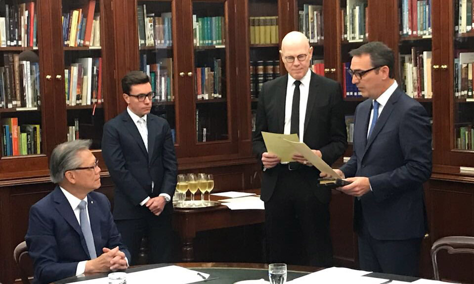 Steven Marshall being sworn in as Premier last month, flanked by the chief executive of the Department of Premier and Cabinet Don Russell (third from left), who was subsequently sacked as part of a public service purge. Photo: Twitter