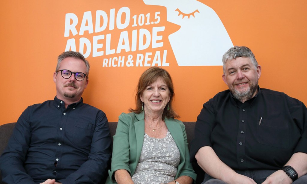 Radio Adelaide station manager Chris Leese, board member Annie Hastwell and board chair David Heath. Photo: Tony Lewis / InDaily