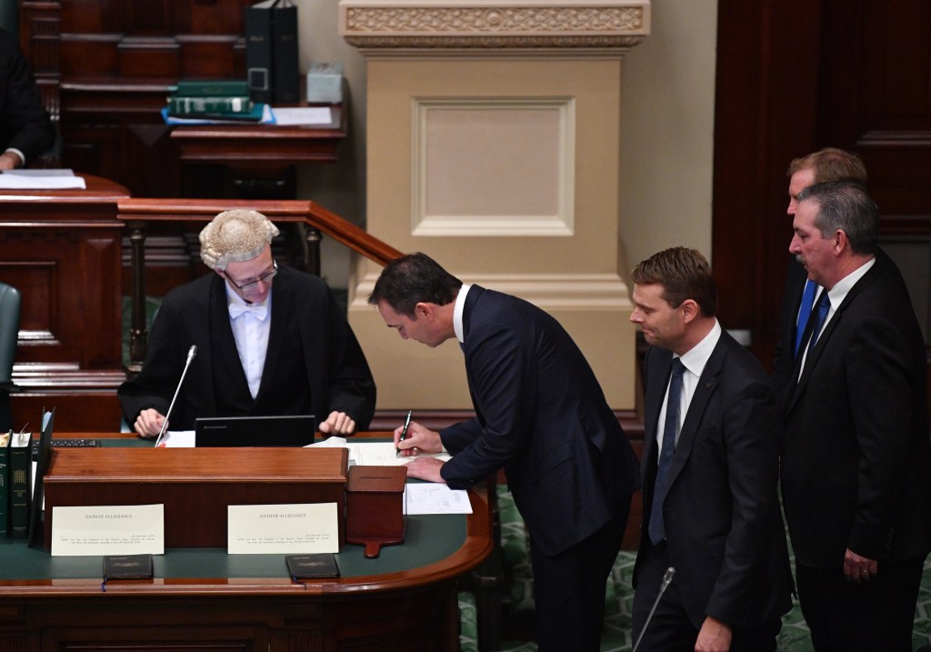 A line of Steves is sworn in to the new parliament today: Steven Marshall, Stephen Mullighan, Steve Murray and Stephen Patterson. Photo: David Mariuz / AAP
