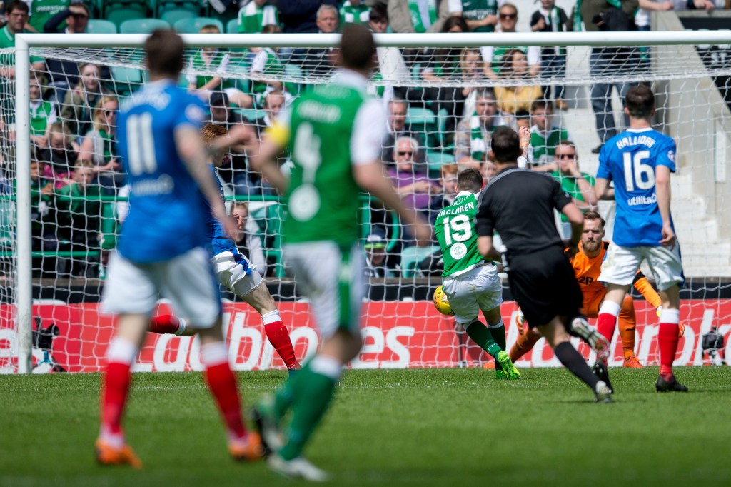 Australia's Jamie MacLaren scores one of three goals for Hibernian against Rangers on the weekend. Photo: Kirk O''Rourke/PA