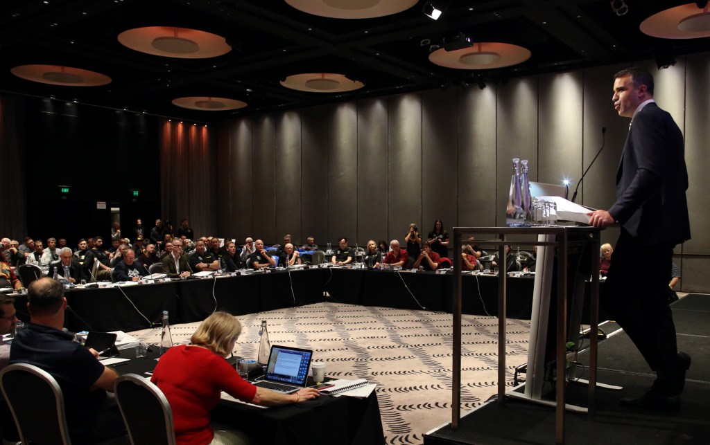 Peter Malinauskas addresses the Transport Workers Union this week. Photo: Kelly Barnes / AAP